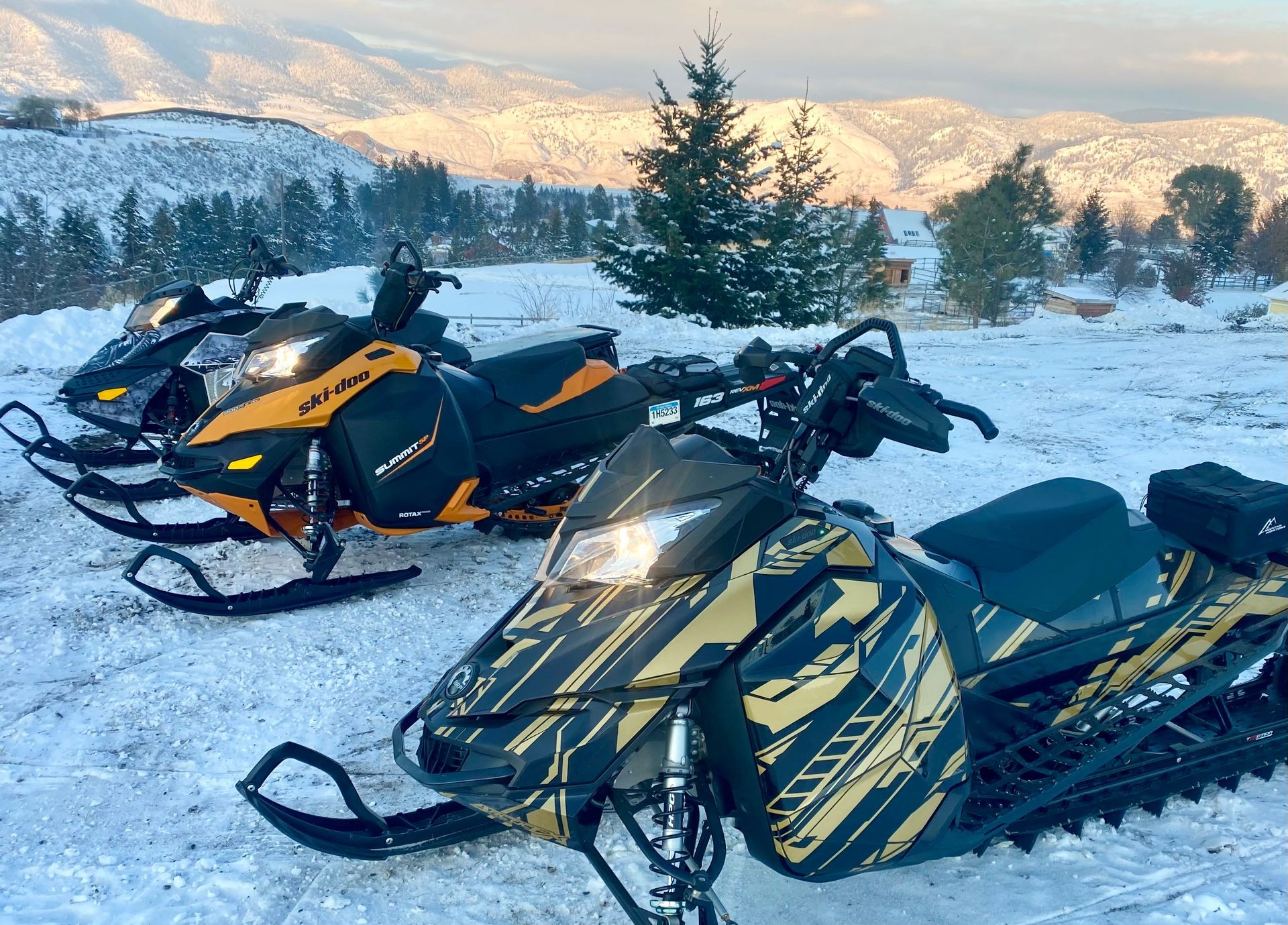 Three parked snowmobiles on a snowy landscape with trees and mountains in the background.