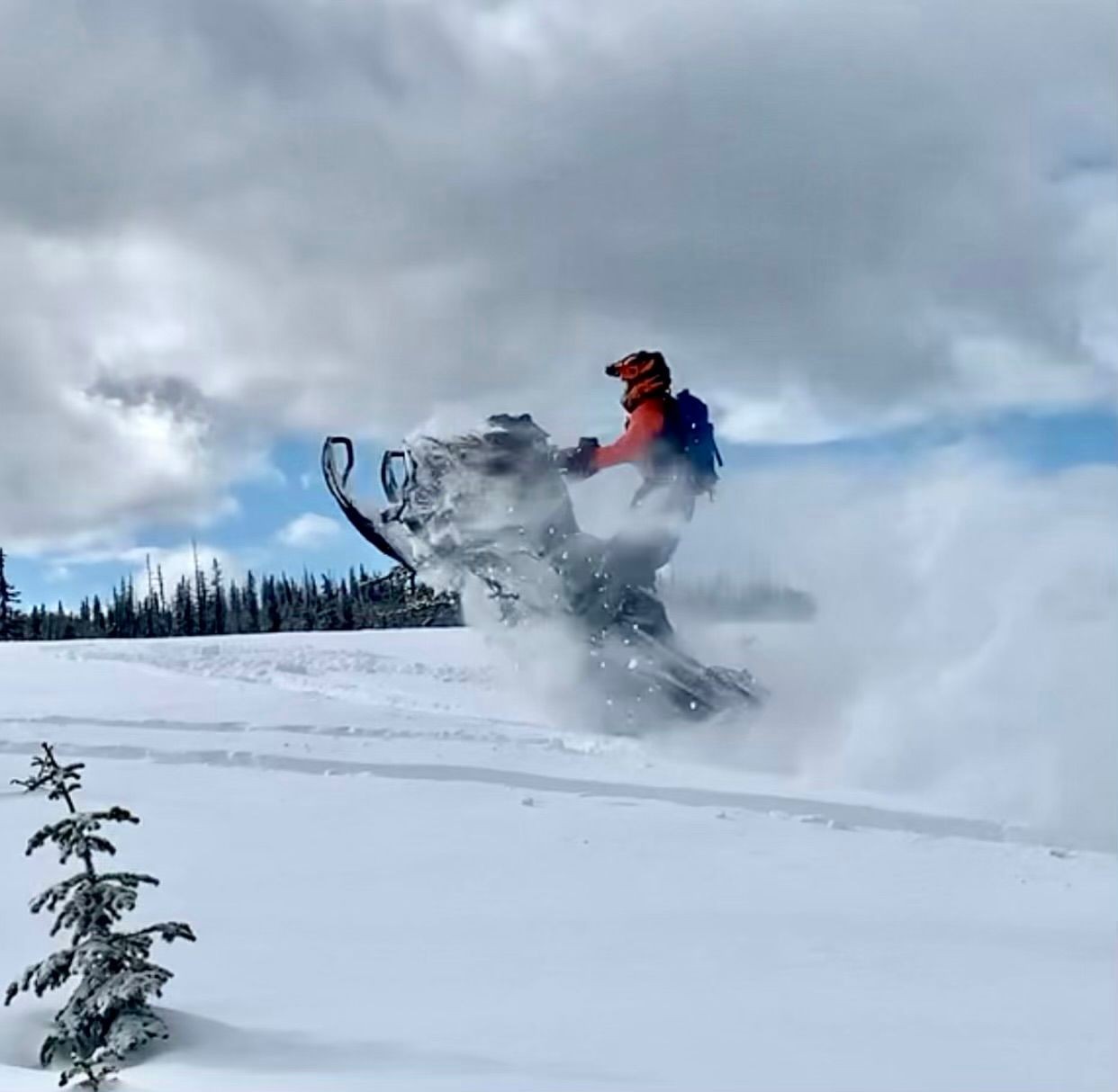 Person riding a snowmobile through deep snow with clouds overhead and pine trees in the background.